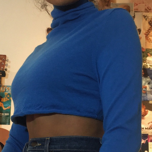 Lord & Taylor Cropped Blue Turtleneck Sweater - Picture 2 of 4